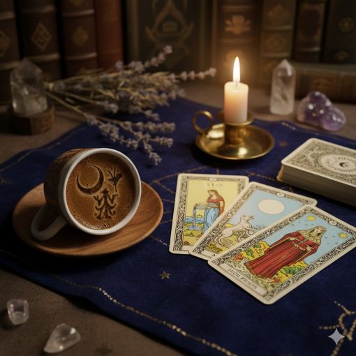Mistik Fal Dünyası Kahve ve Tarot Falı Bak - Lacivert Örtü Üzerinde Ay Sembollü Fincan, Yıldız ve Ay Kartları, Kristal Taşlar ve Mum Işığı ile Spiritüel Danışmanlık