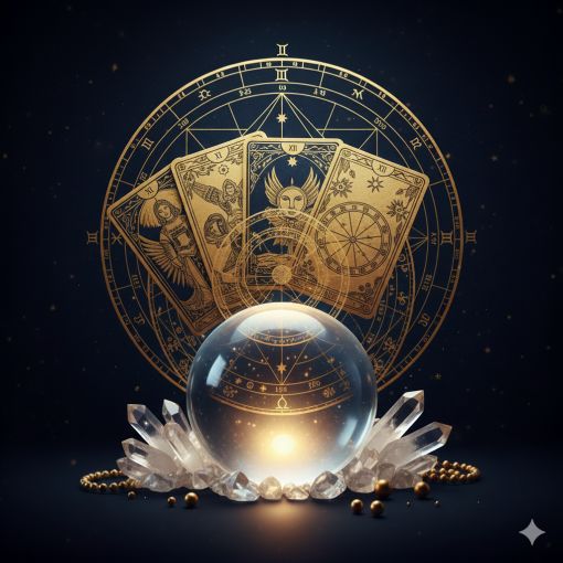 Mistik Fal Dünyası Tarot Falı Bak - Altın Yaldızlı Tarot Kartları, Kristal Küre ve Kuvars Kristalleri ile Spiritüel Rehberlik